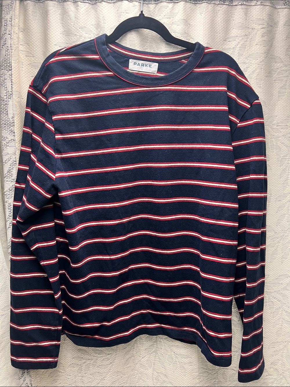 Parke - Cotton Navy Crewneck Top with Red and White Stripes